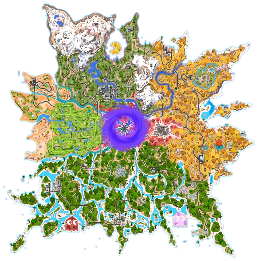 The current Fortnite island, Shattered Coast, with its 13 named drop spots